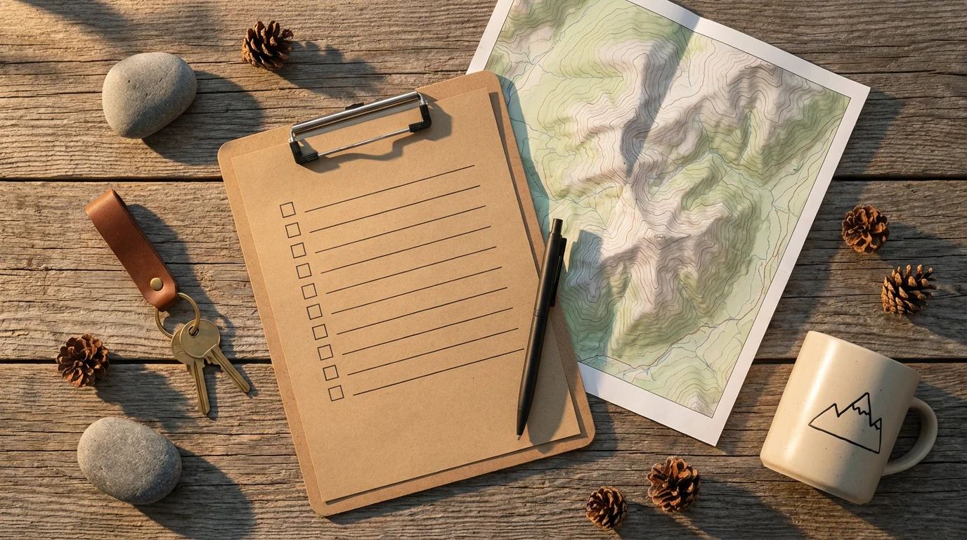 Flat lay of Colorado relocation planning items on a wooden table during golden hour.