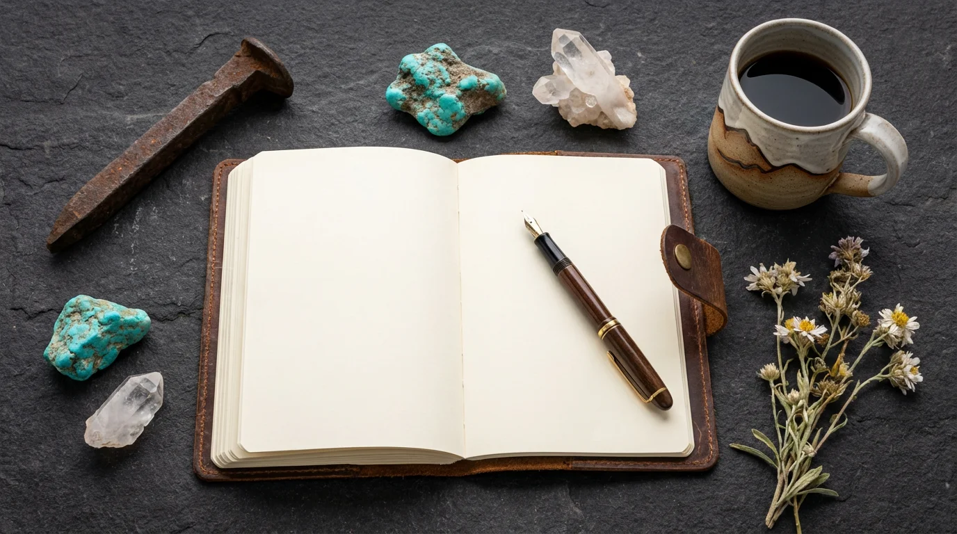 Flat lay of Durango retirement items: journal, railroad spike, turquoise, and a coffee mug.