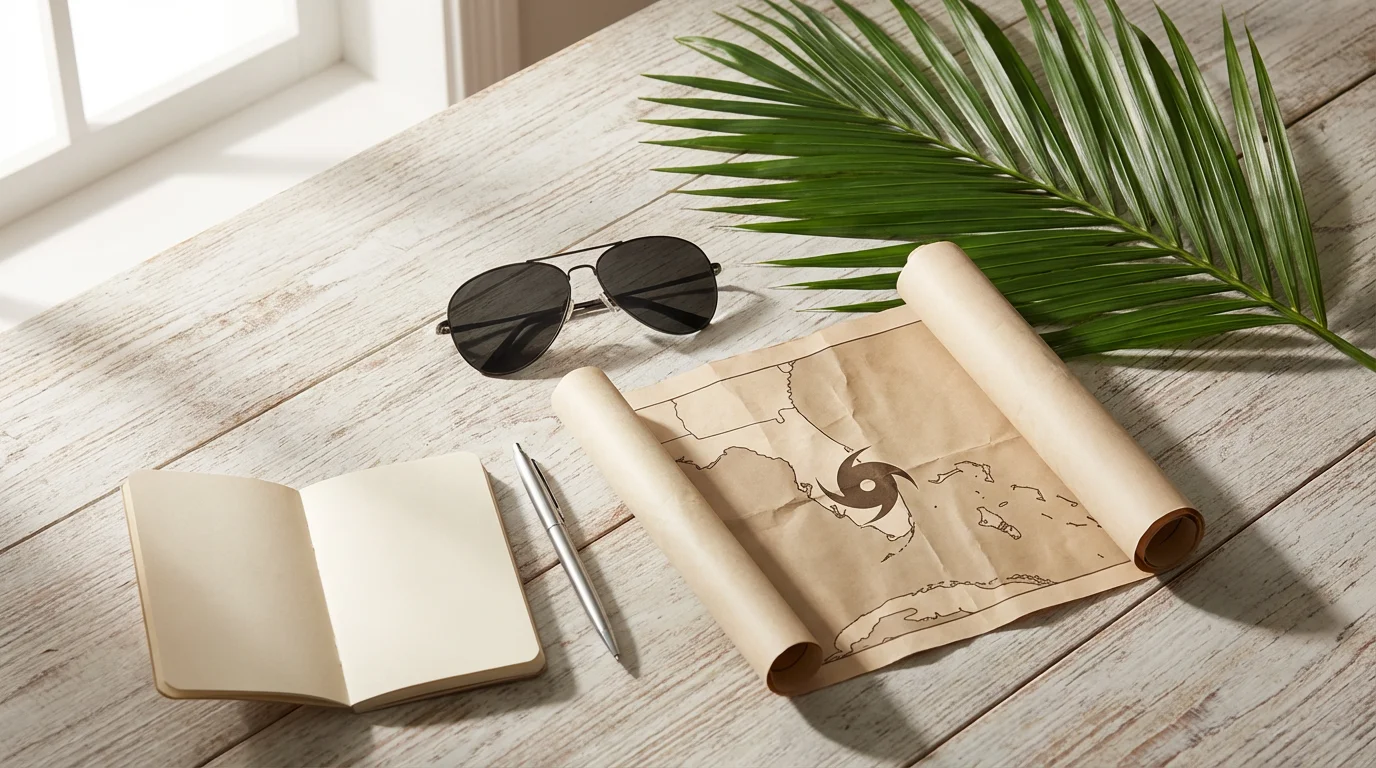 Flat lay of Florida weather items: hurricane map, sunglasses, palm frond, and notebook.