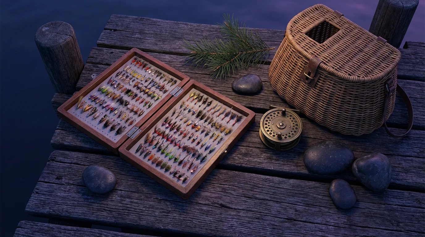 Flat lay of fly fishing gear and natural elements on a wooden dock at dusk.