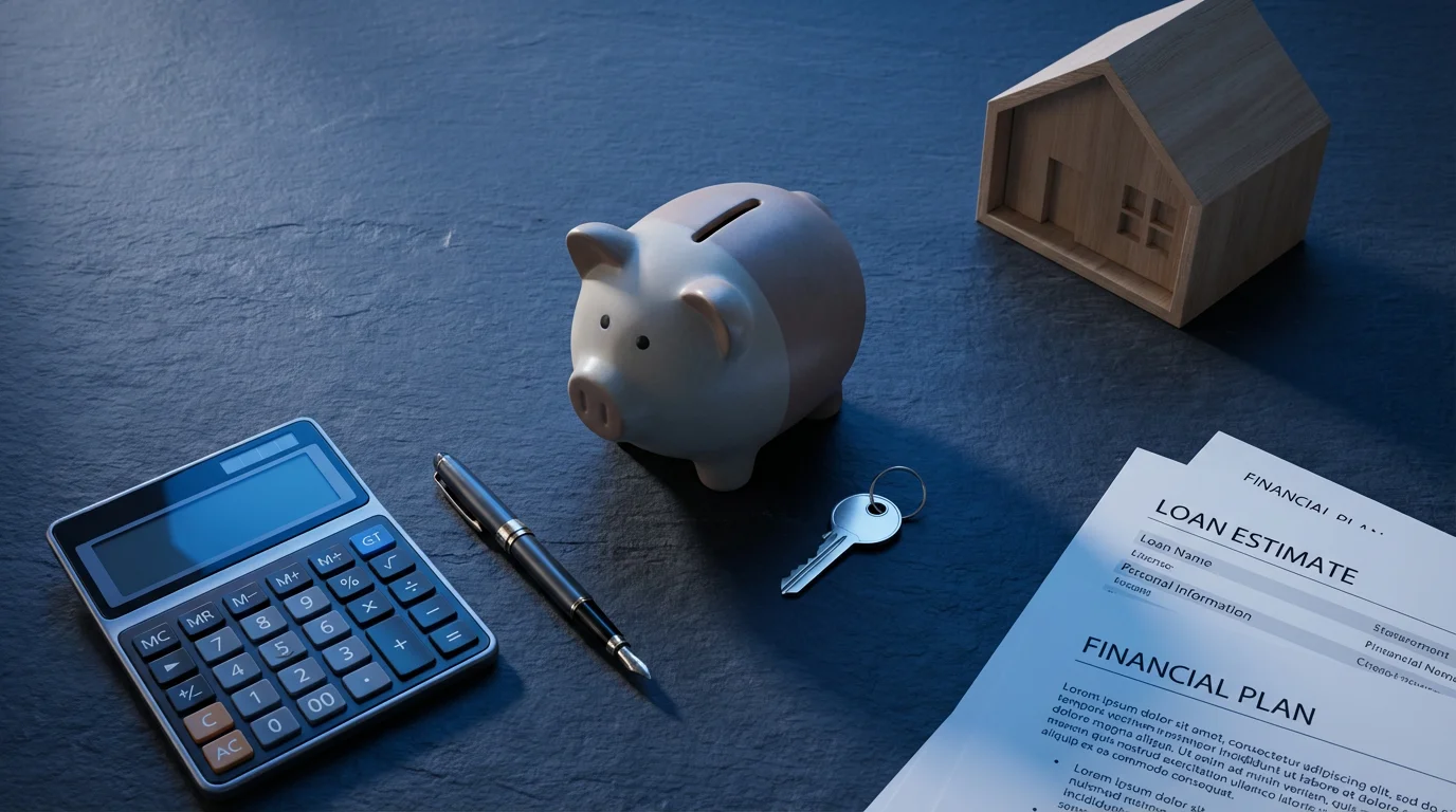 Flat lay of house key, piggy bank, and calculator representing retirement home purchase planning.