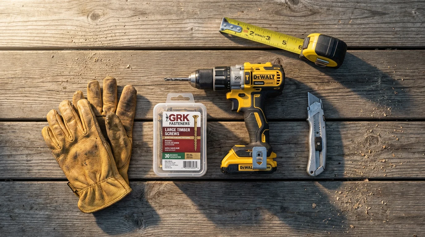 Flat lay of hurricane preparedness tools like a drill and gloves on a deck.