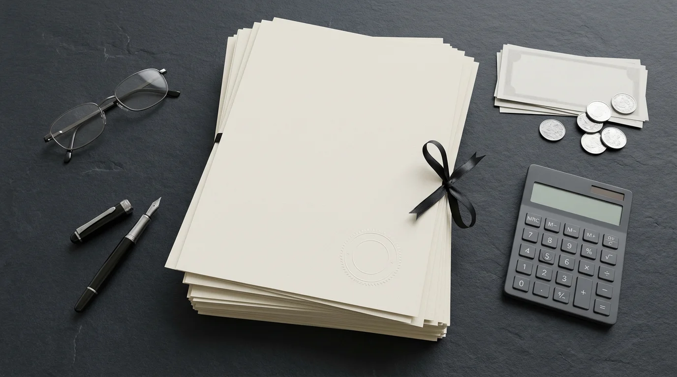 Flat lay of legal papers, glasses, a fountain pen, and money for financial planning.
