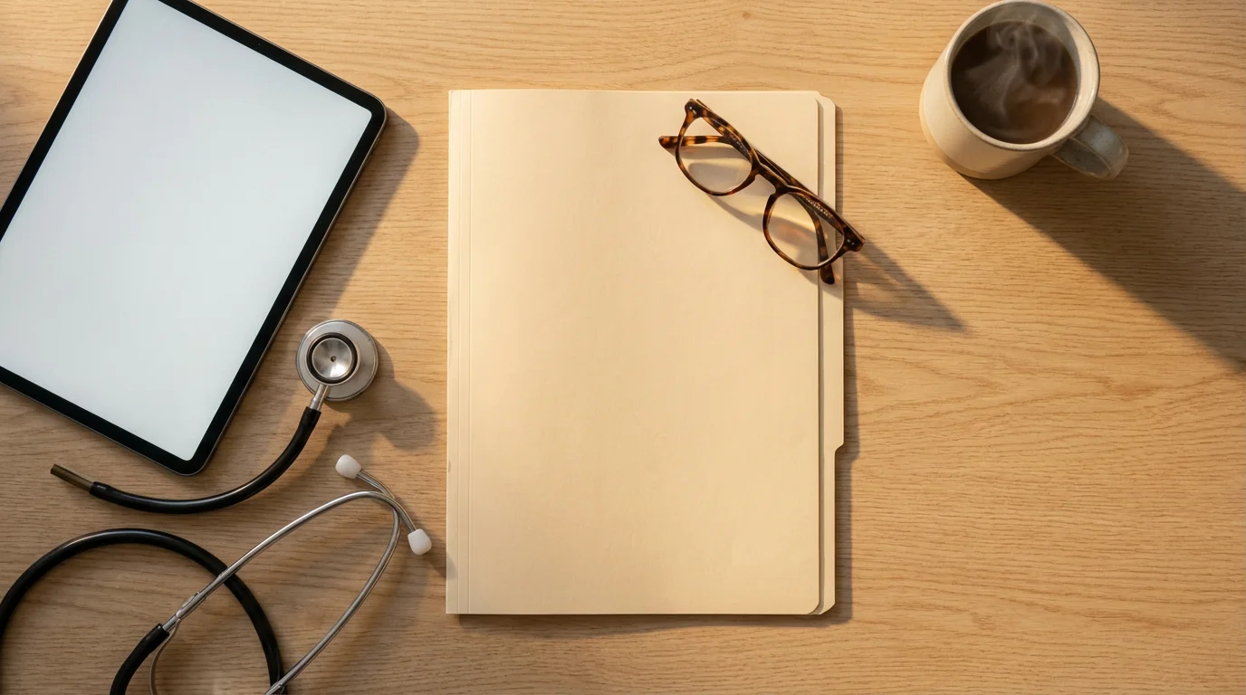 Flat lay of medical folder, stethoscope, and tablet on a desk at sunset.
