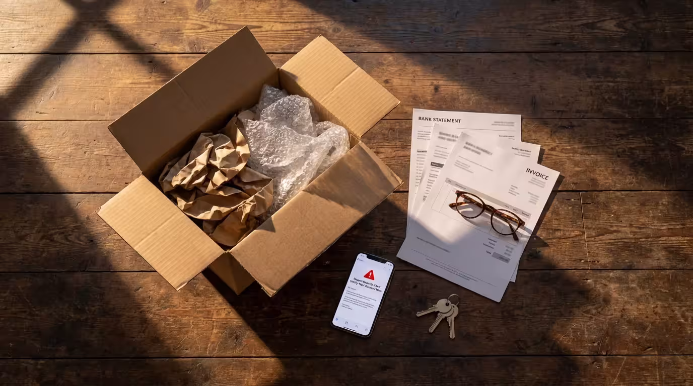 Flat lay of moving box, financial papers, and smartphone displaying a phishing email.