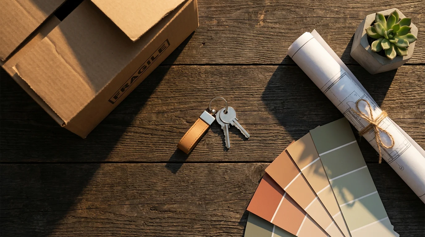 Flat lay of moving box, house keys, and blueprints for relocation planning.