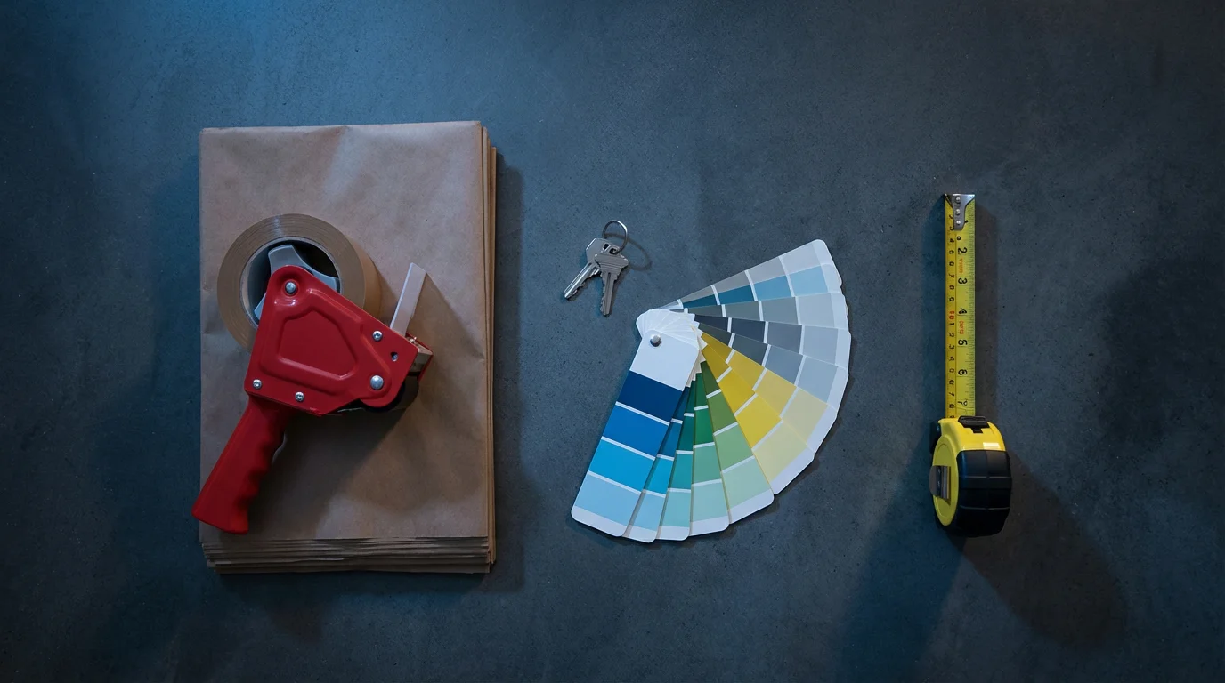 Flat lay of moving supplies including packing paper, house keys, and paint swatches.