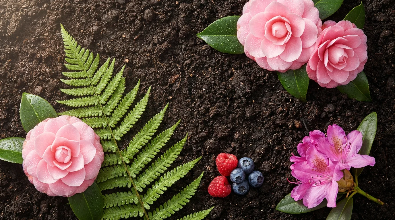 Flat lay of Pacific Northwest garden plants including camellias, ferns, and berries on soil.