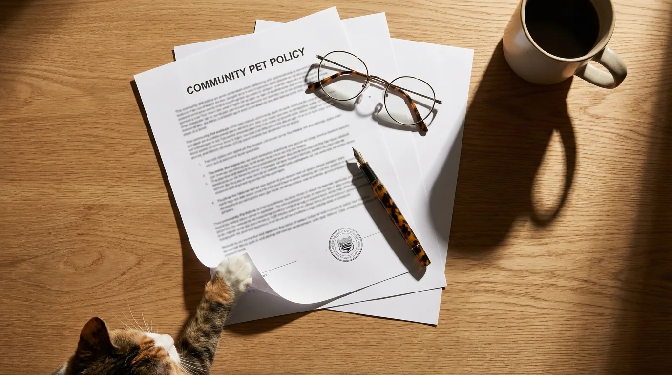 Flat lay of pet policy documents, reading glasses, and a curious cat's paw.