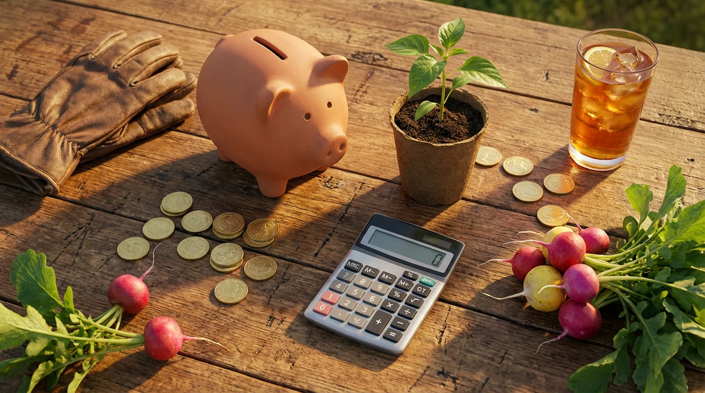 Flat lay of piggy bank, calculator, and gardening items for retirement planning concept.
