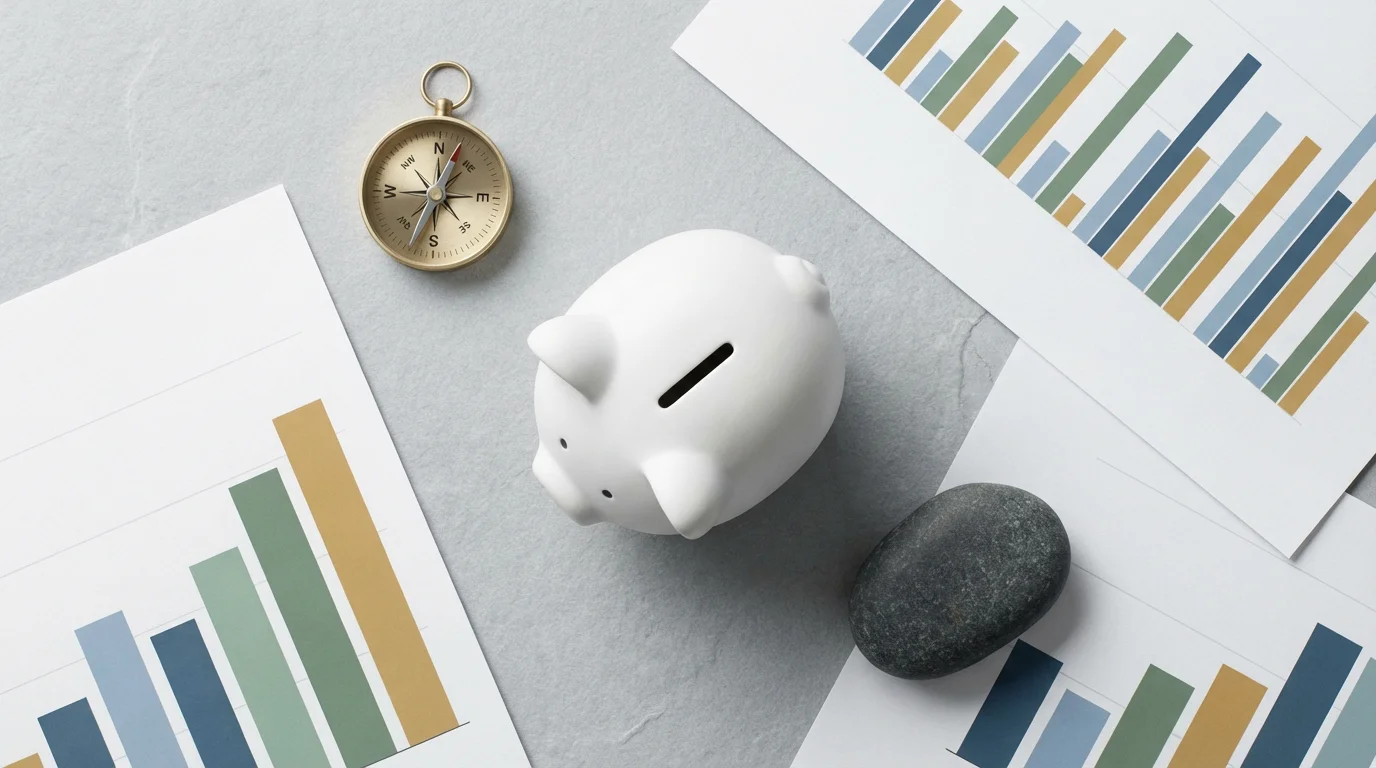 Flat lay of piggy bank, compass, and charts for Washington retirement tax planning.