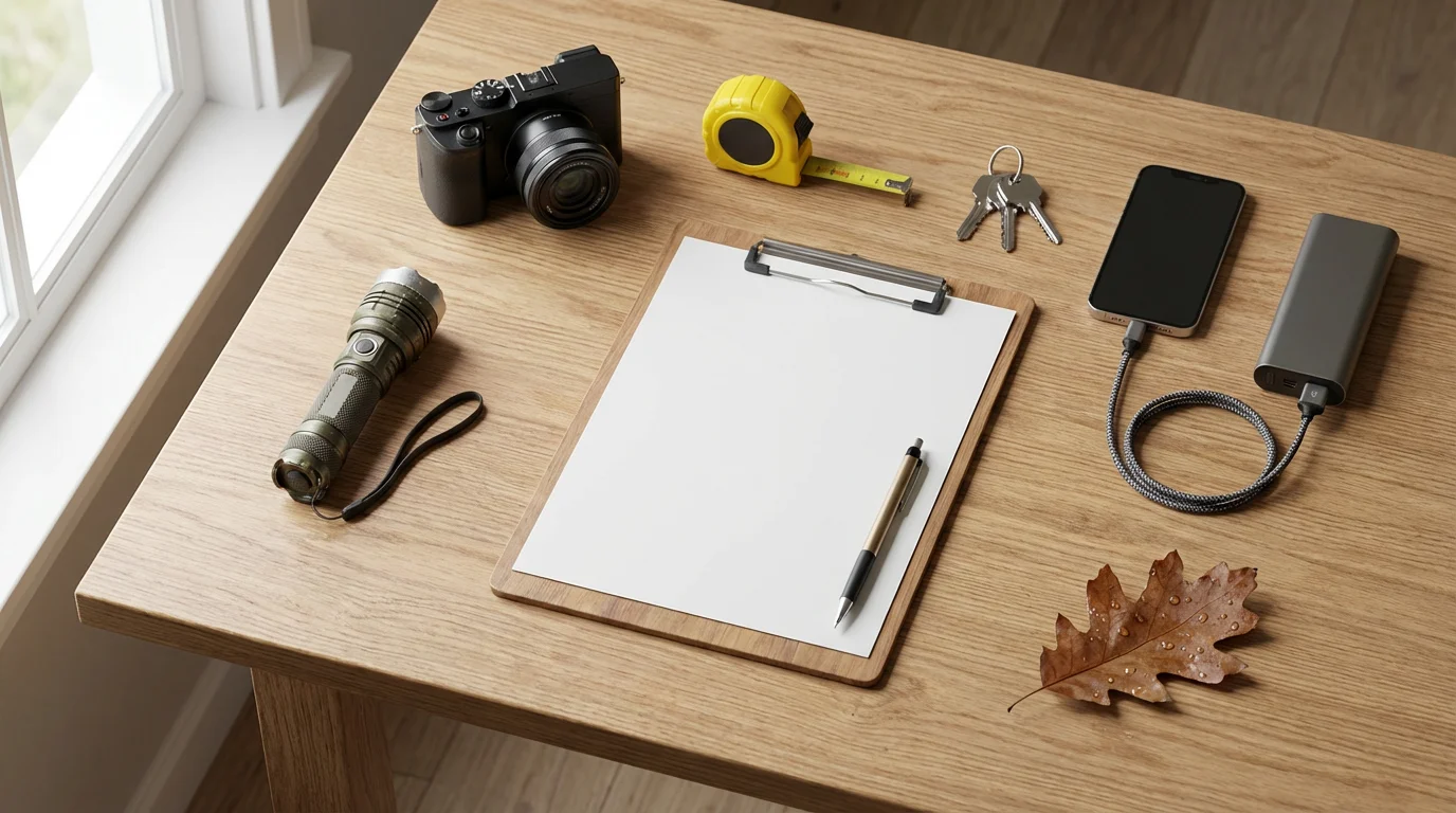 Flat lay of post-hurricane recovery items like a camera, flashlight, and clipboard on a table.