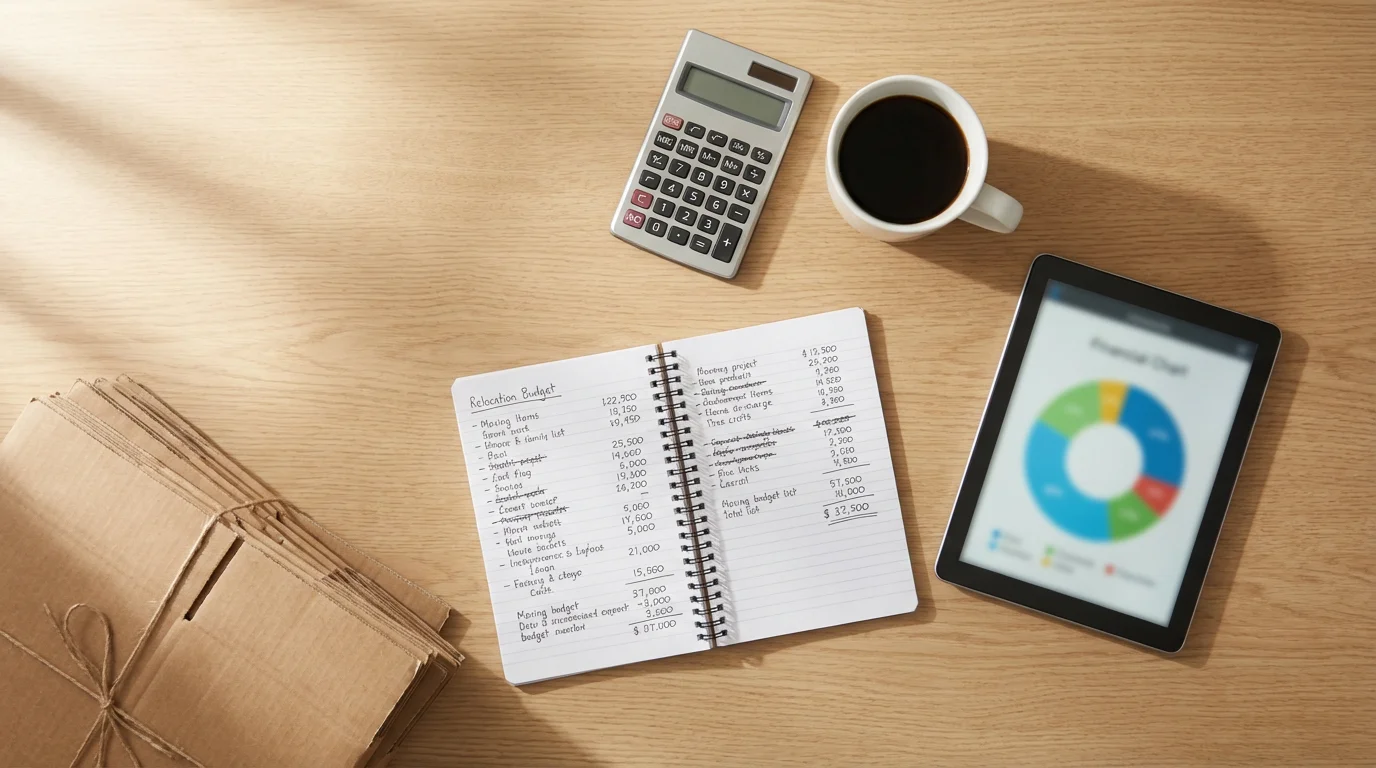 Flat lay of relocation planning with notebook, calculator, tablet, and folded moving boxes.