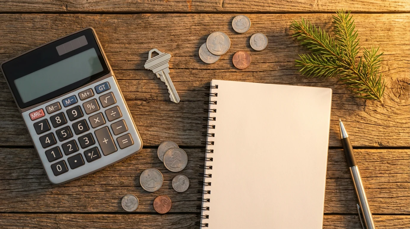 Flat lay of retirement budgeting items including a calculator, house key, and evergreen sprig.