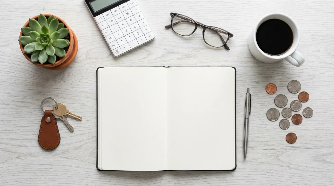 Flat lay of retirement budgeting items including a calculator, notebook, coffee, and a succulent.
