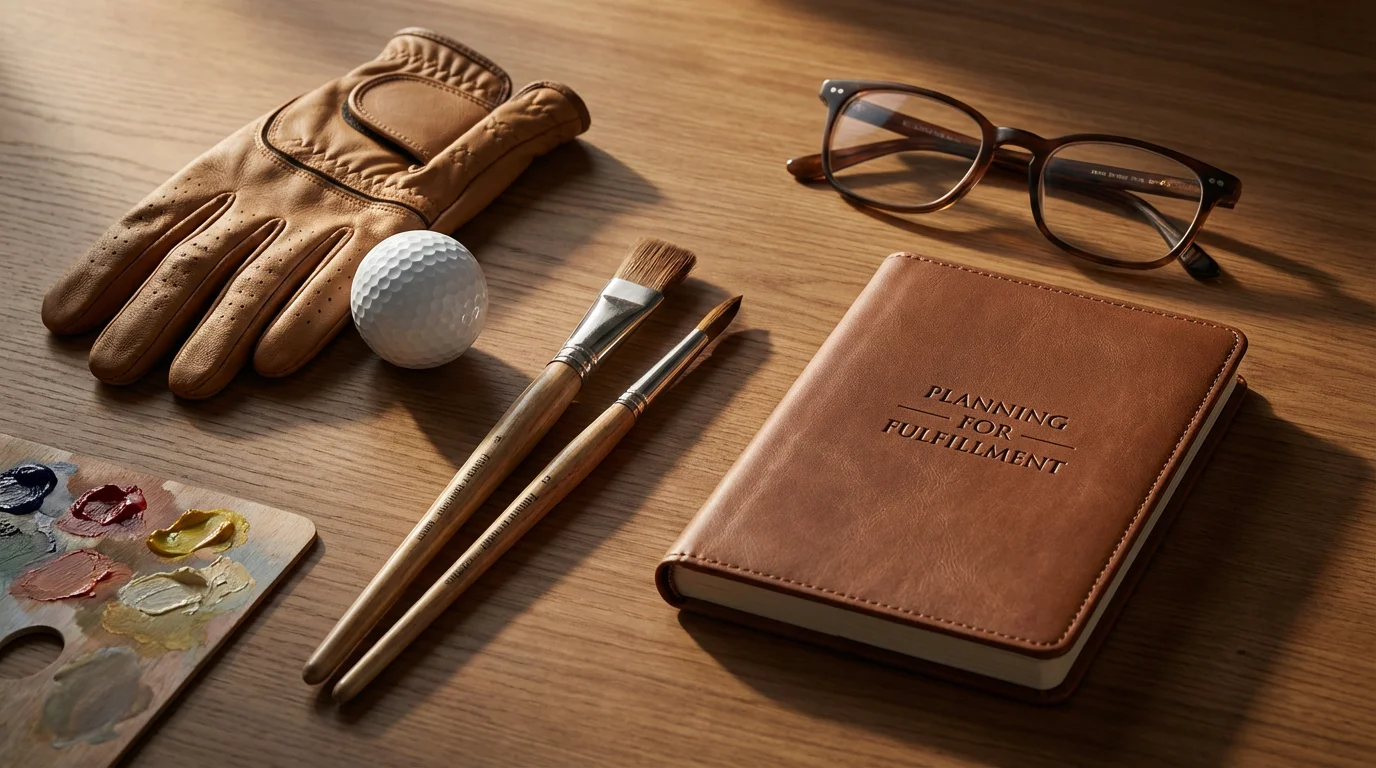 Flat lay of retirement hobby items: golf glove, paintbrushes, and a journal.