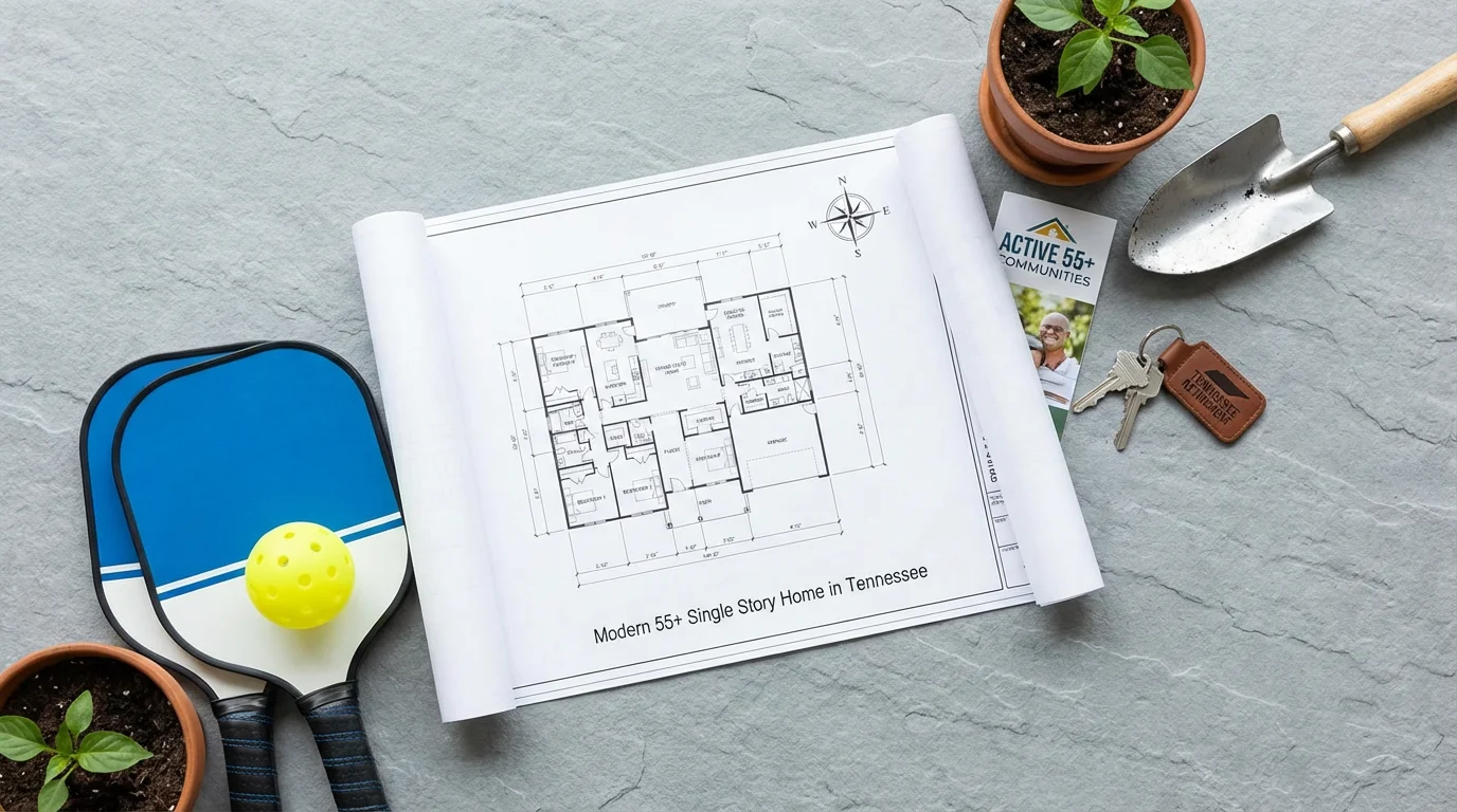 Flat lay of retirement home blueprints surrounded by pickleball paddles and gardening tools.