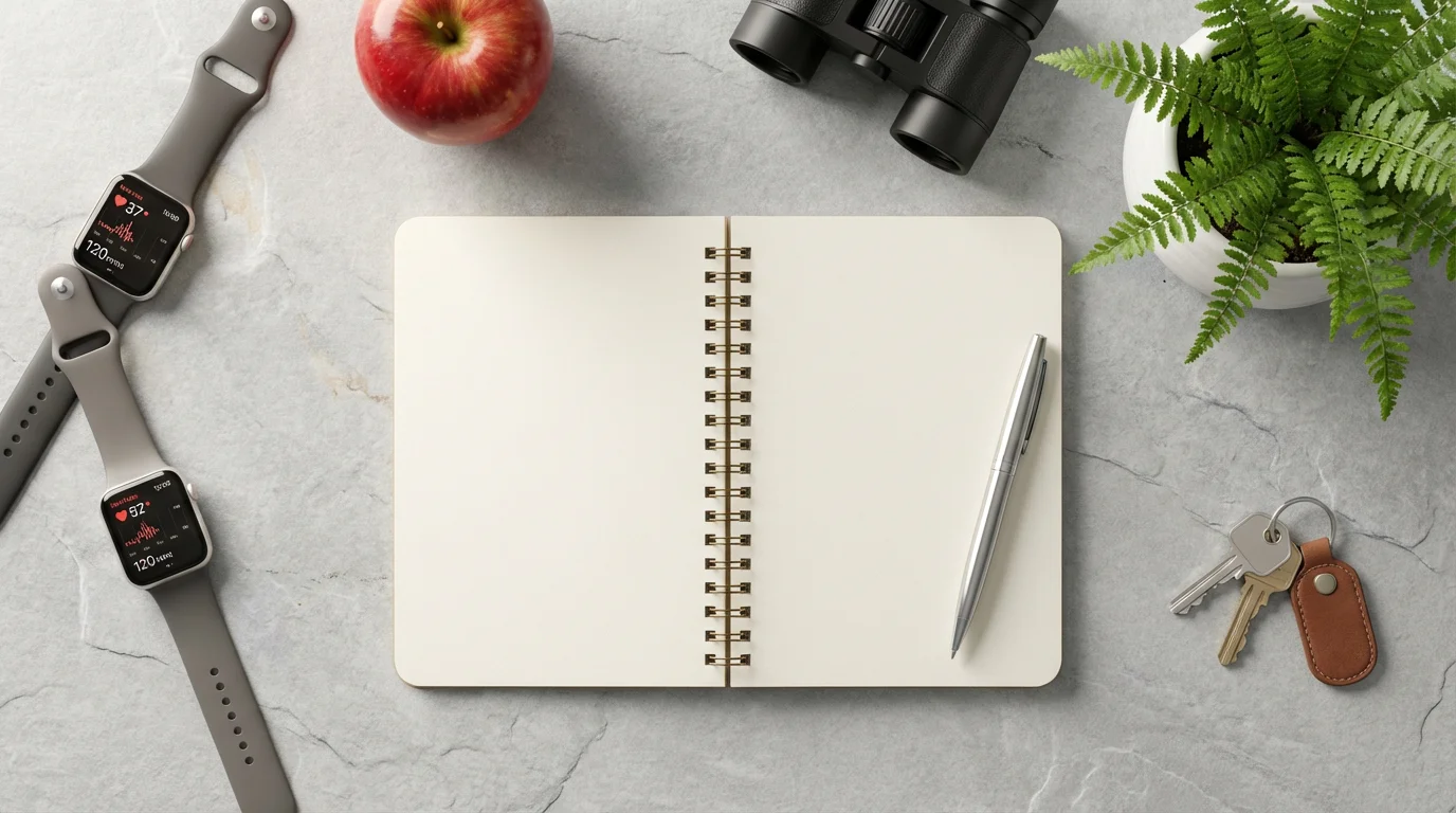 Flat lay of retirement planning items including a notebook, binoculars, and an apple.