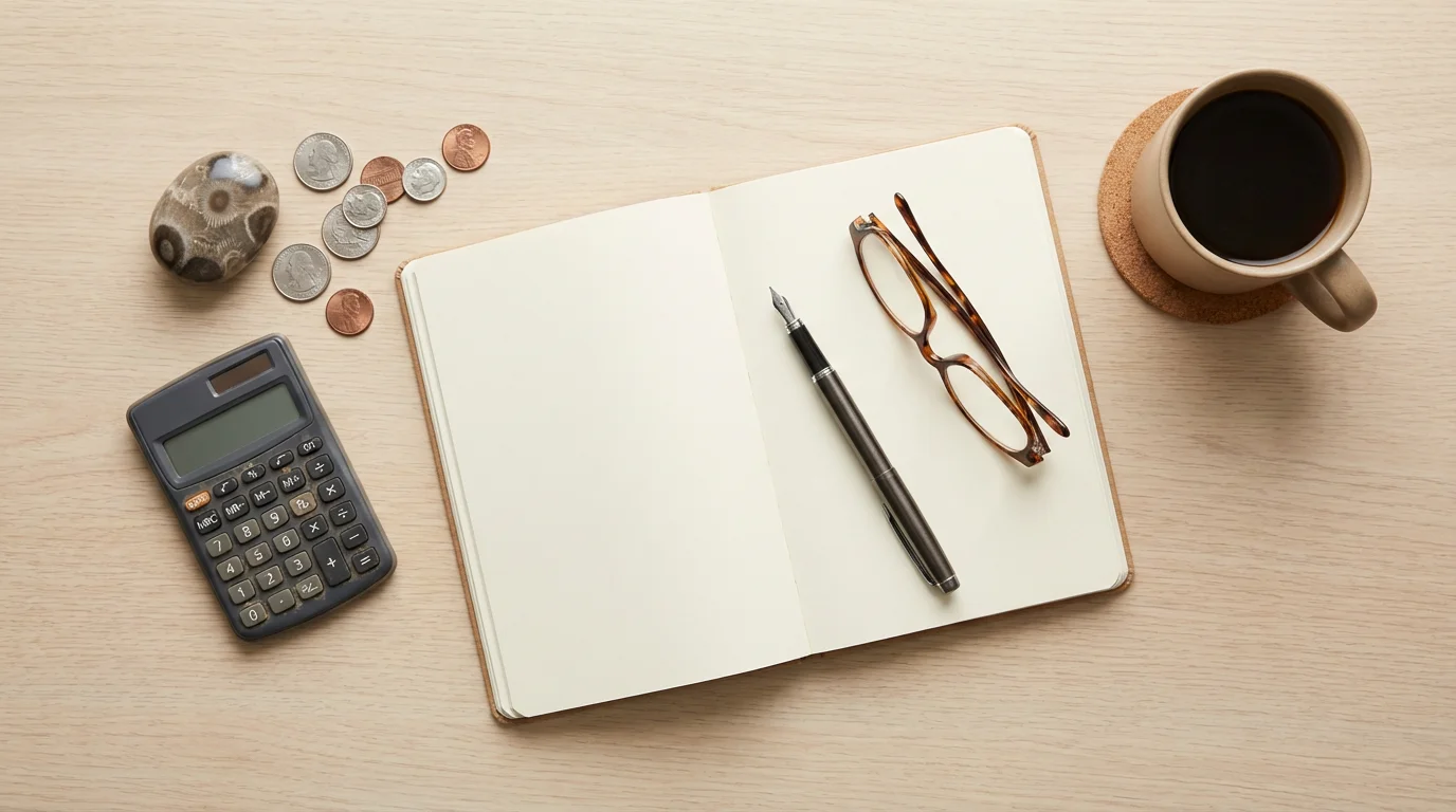 Flat lay of retirement planning items, including a calculator, notebook, and Michigan's Petoskey stone.