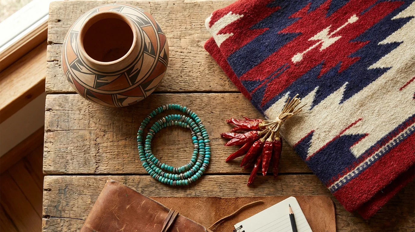 Flat lay of Santa Fe cultural items: Pueblo pottery, turquoise jewelry, and red chiles.