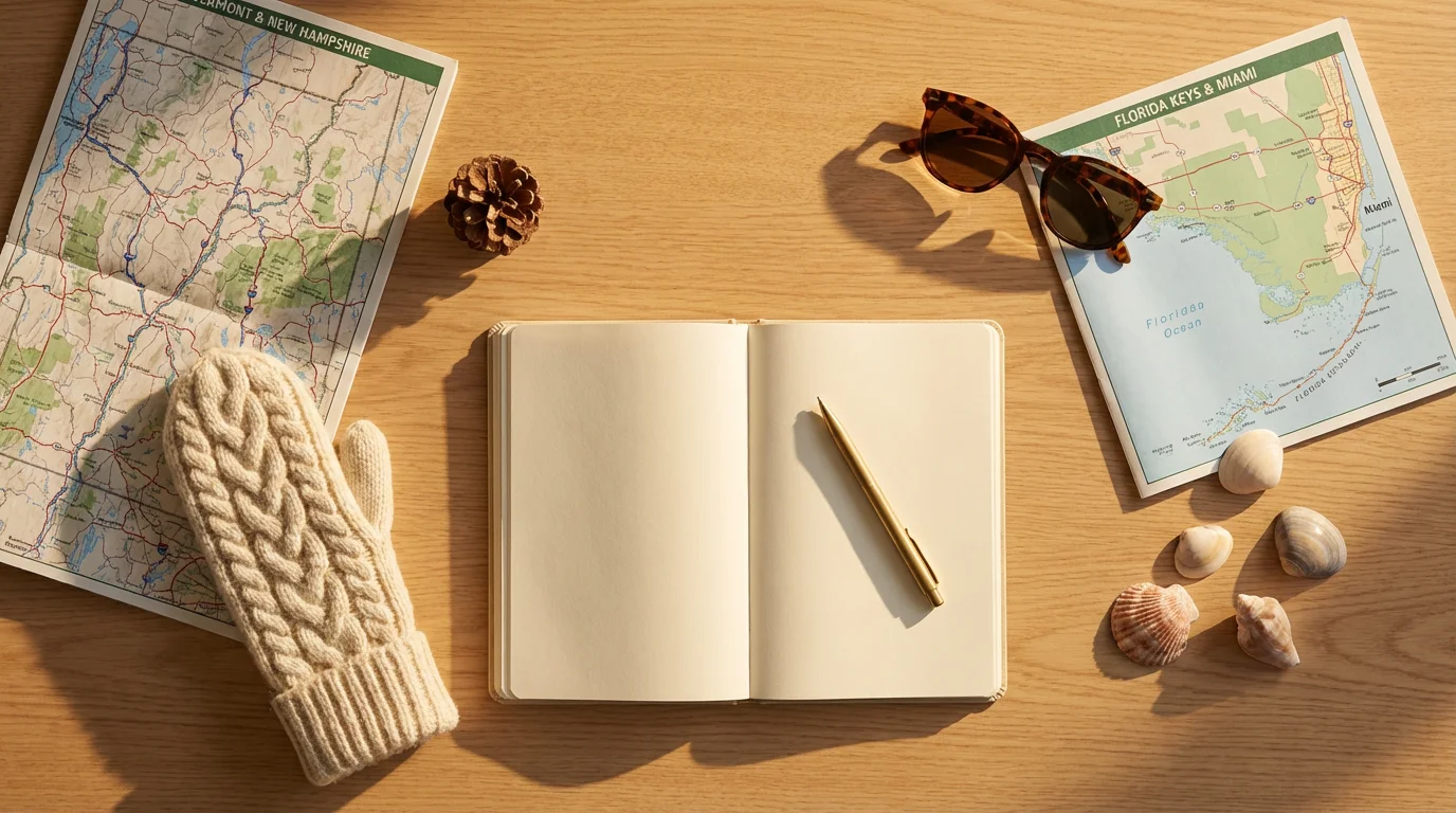 Flat lay of snowbird retirement planning with maps, a mitten, and sunglasses.