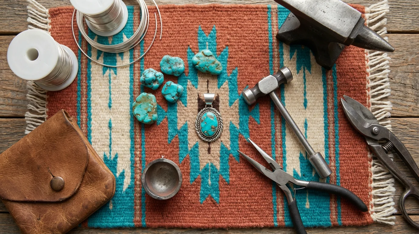 Flat lay of Southwestern silversmithing tools, turquoise stones, and a colorful woven textile.