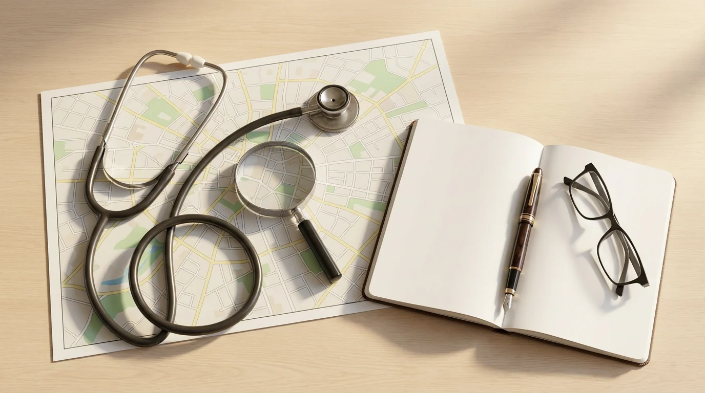 Flat lay of stethoscope, magnifying glass, and map for evaluating retirement healthcare options.