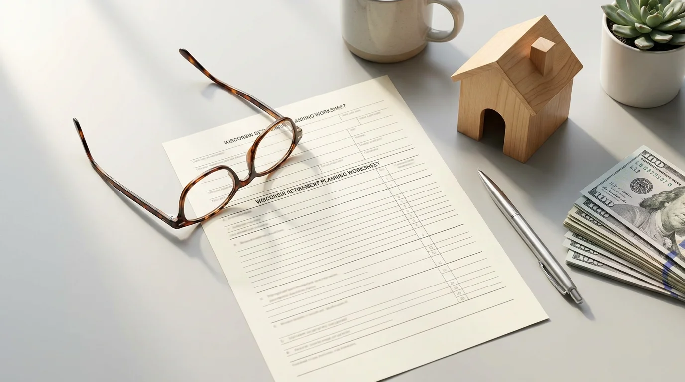 Flat lay of tax form, reading glasses, and house model for retirement planning.