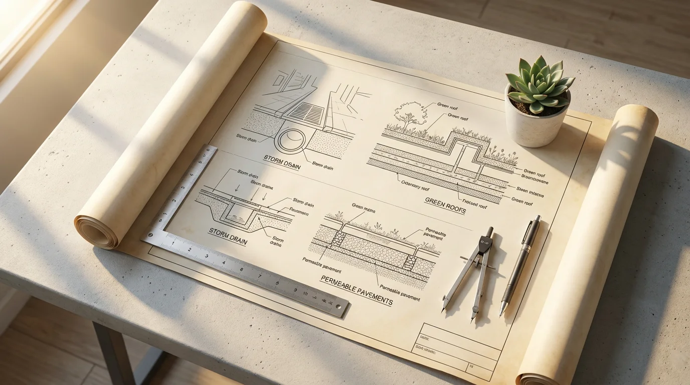 Flat lay of unlabeled architectural blueprints for resilient infrastructure and drafting tools at golden hour.