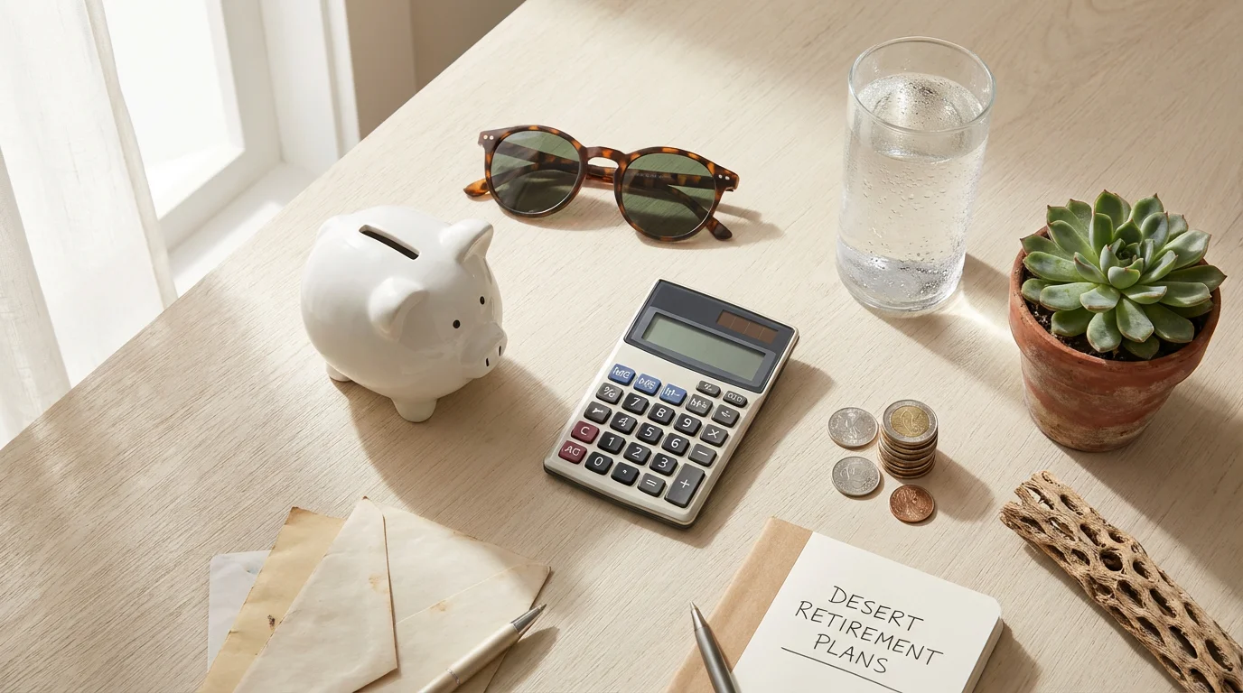 Flat lay representing desert retirement costs with a piggy bank, calculator, and succulent.