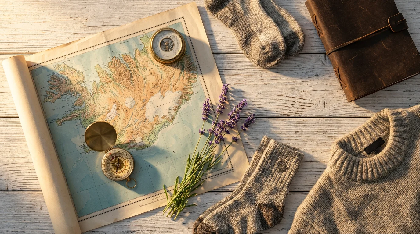 Flat lay with map, compass, and barometer for planning retirement in a cool climate.