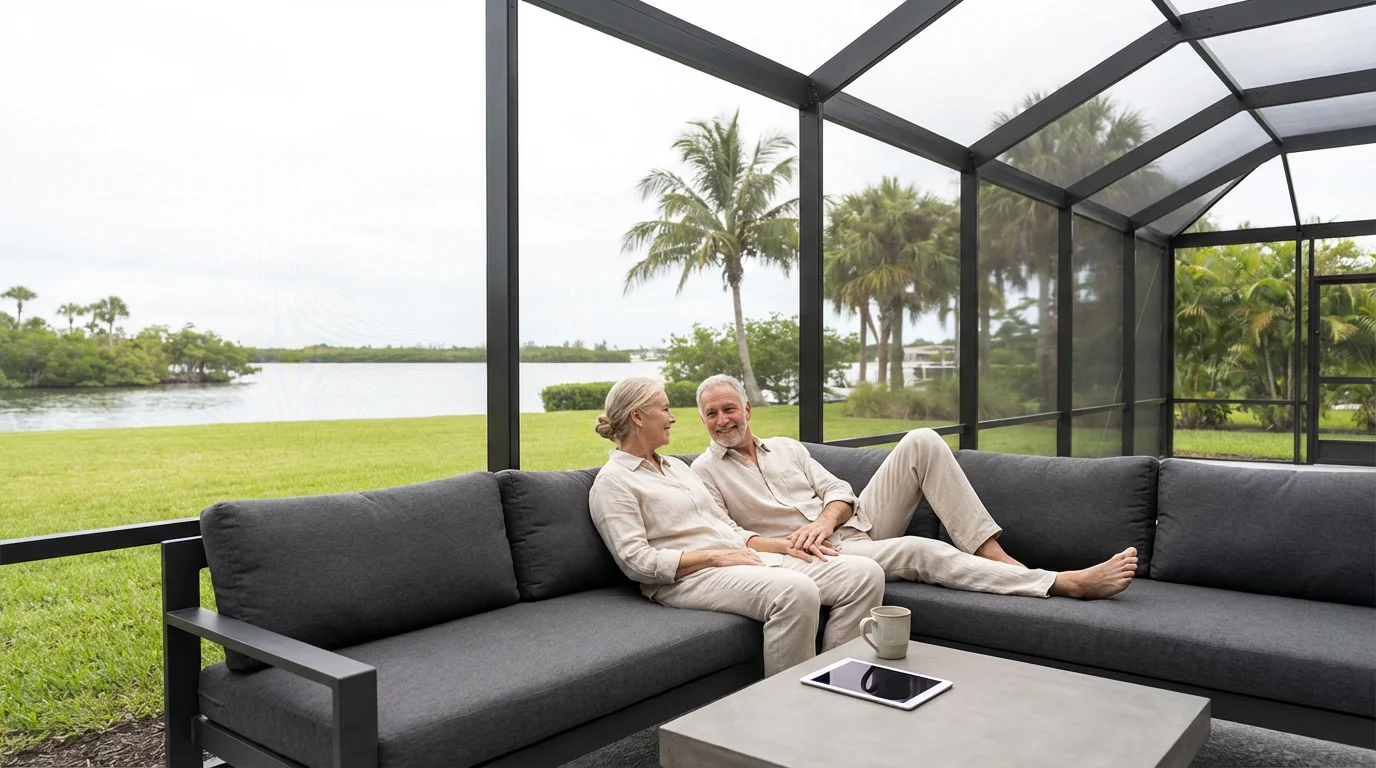 Happy retired couple relaxing on a beautiful lanai overlooking the water in Florida.