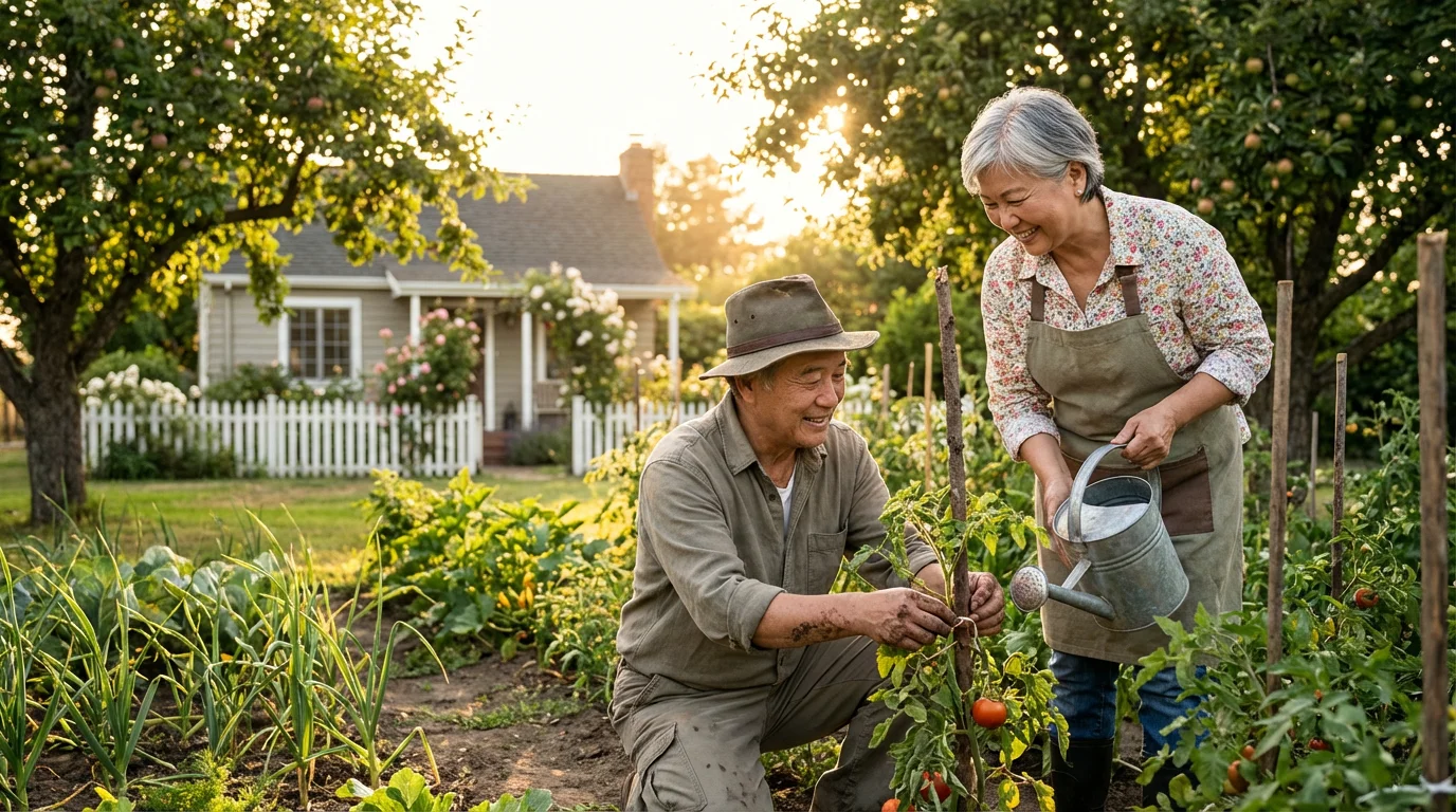 Happy senior couple gardening in their backyard during a warm, golden hour sunset.