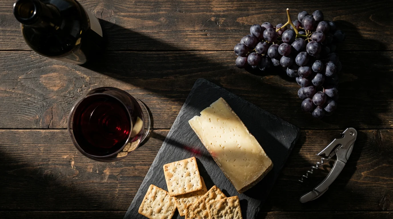 High angle flat lay of a red wine and artisanal cheese tasting on wood.