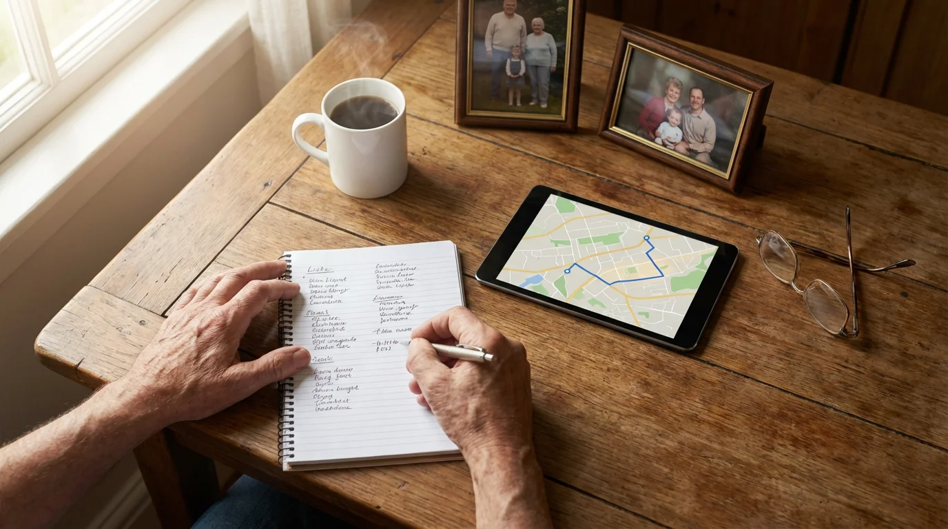 High angle flat lay of a senior's hands planning a move with a map.
