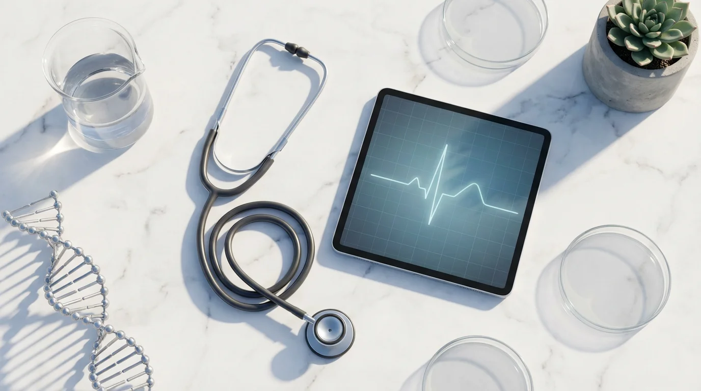 High angle flat lay of modern medical and research tools on a clean surface.