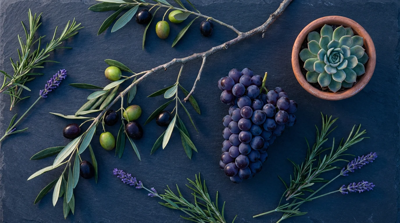 High angle flat lay of olives, grapes, rosemary, and a succulent on slate.