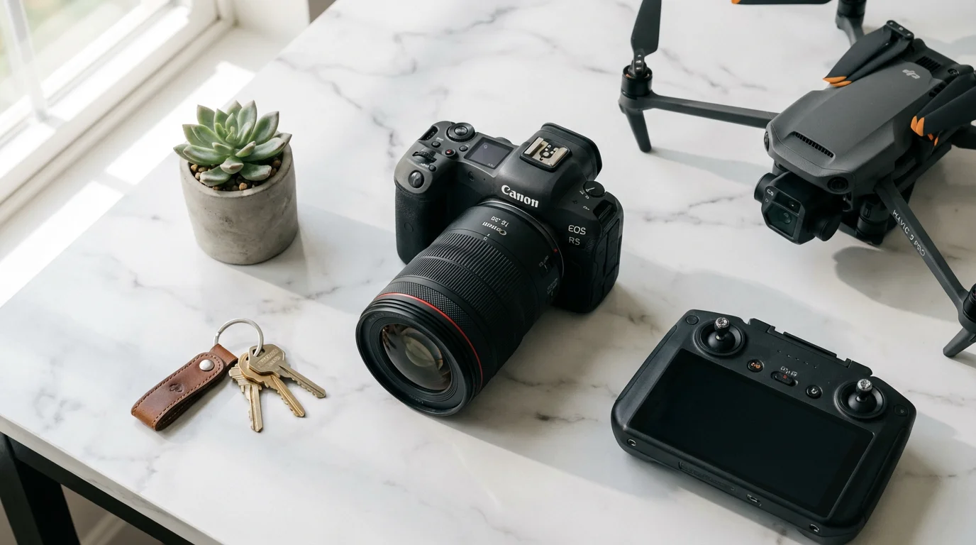 High angle flat lay of professional real estate photography equipment, camera, and drone.