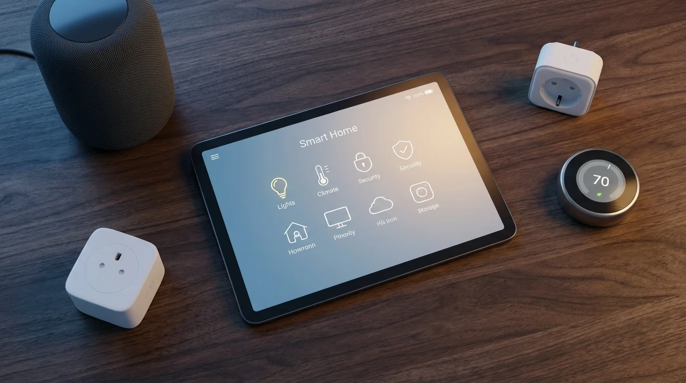 High-angle flat lay of smart home devices on a dark wood table at twilight.