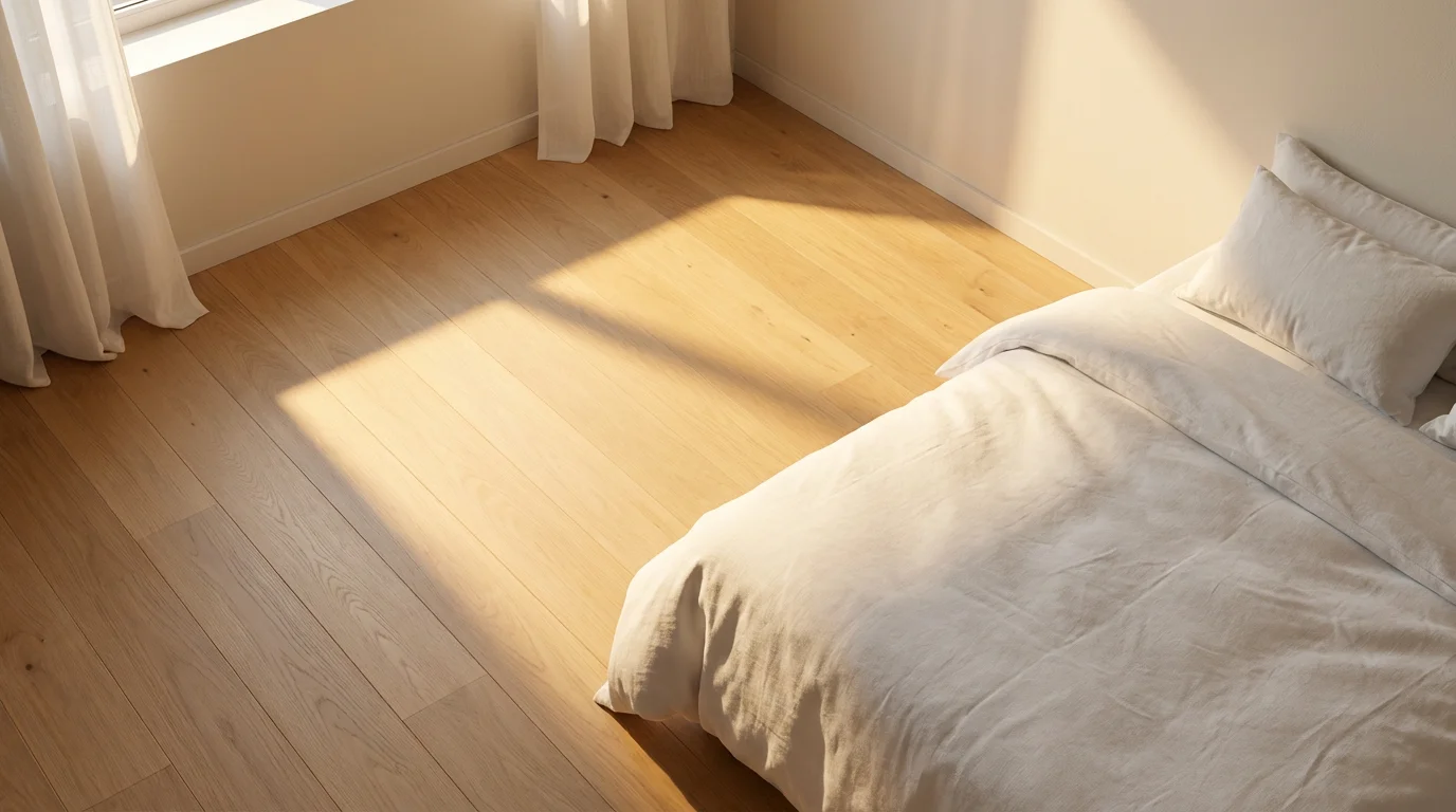 High-angle shot of a bright, clean bedroom with golden hour sunlight on the floor.