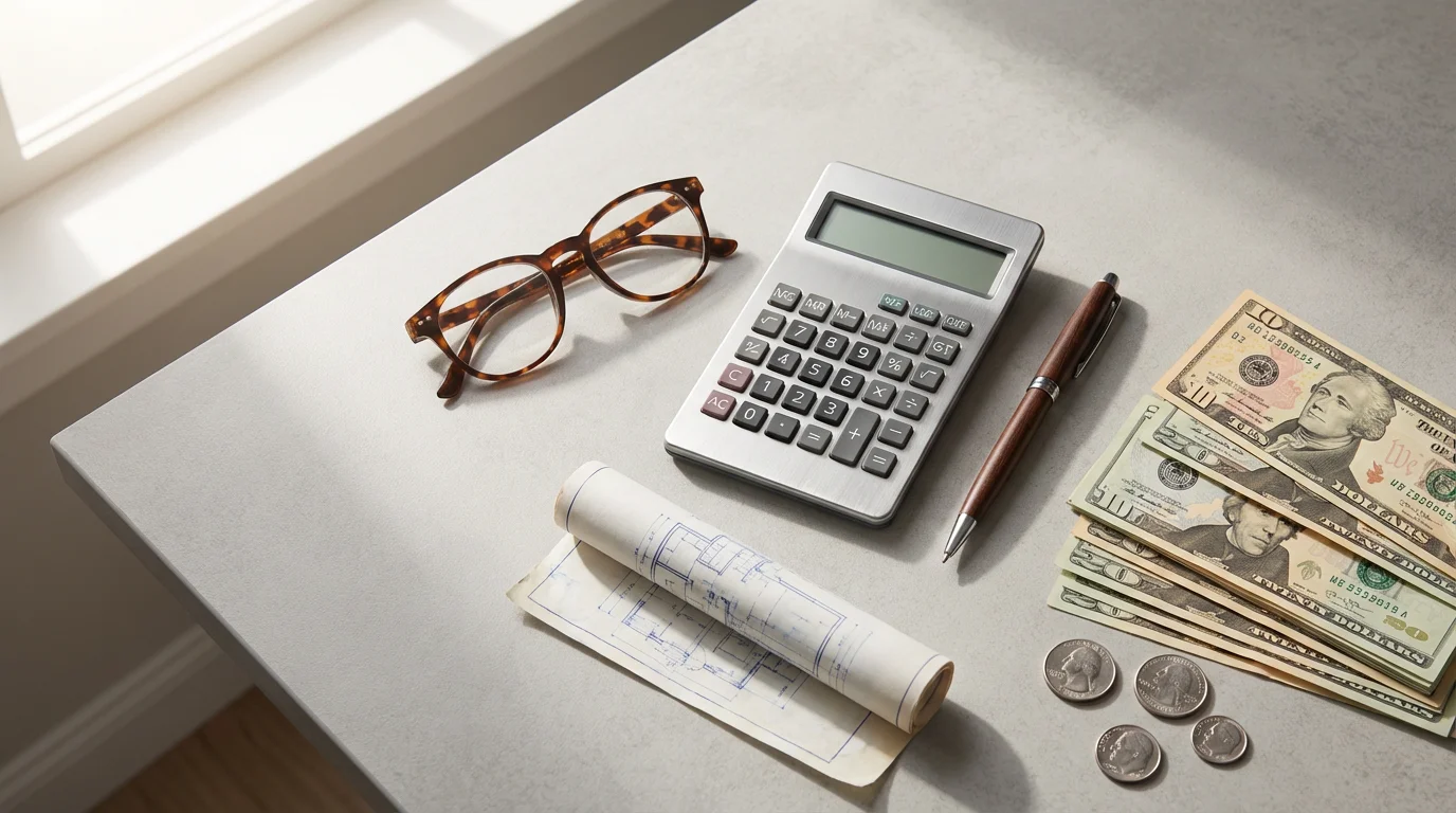 High-angle view of a calculator, blueprint, and money for senior housing financial planning.