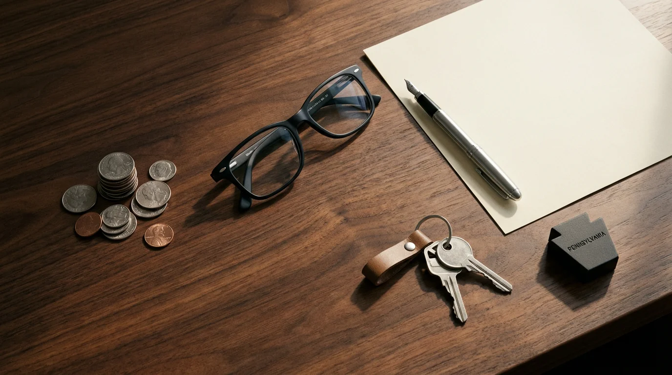 High-angle view of a desk with house keys, coins, and a keystone paperweight.