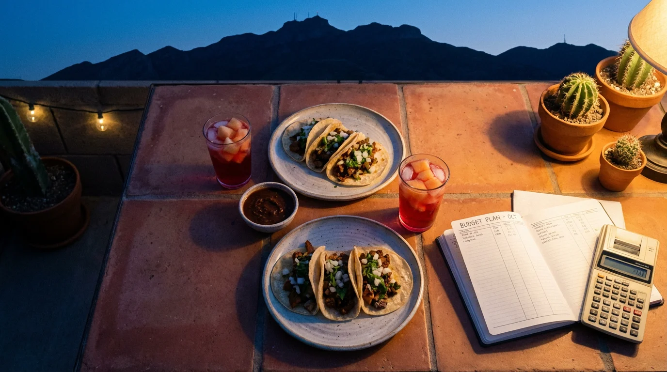 High angle view of a patio table with tacos, drinks, and a calculator.