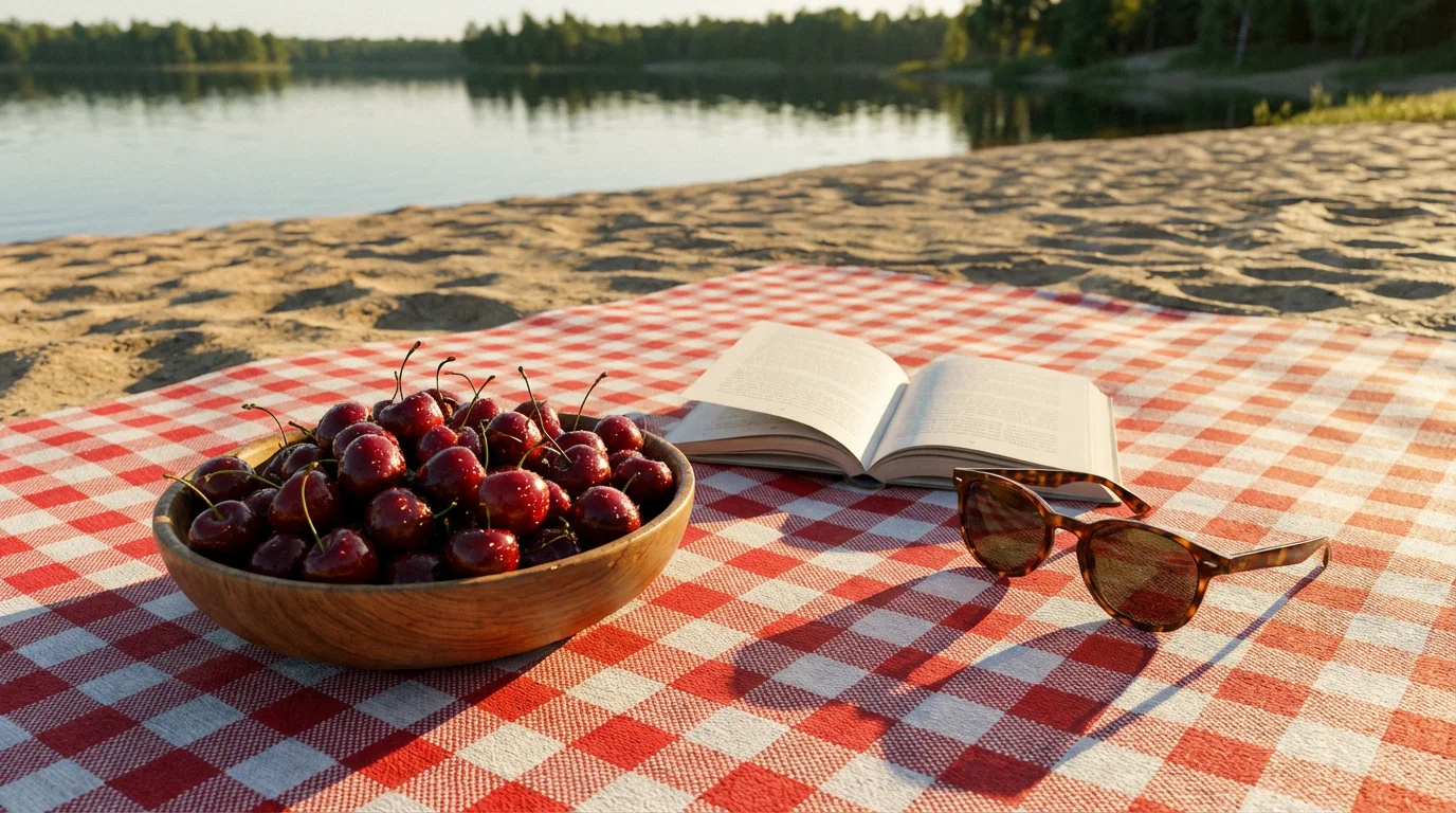 High angle view of a picnic blanket with cherries and sunglasses on a sandy beach.