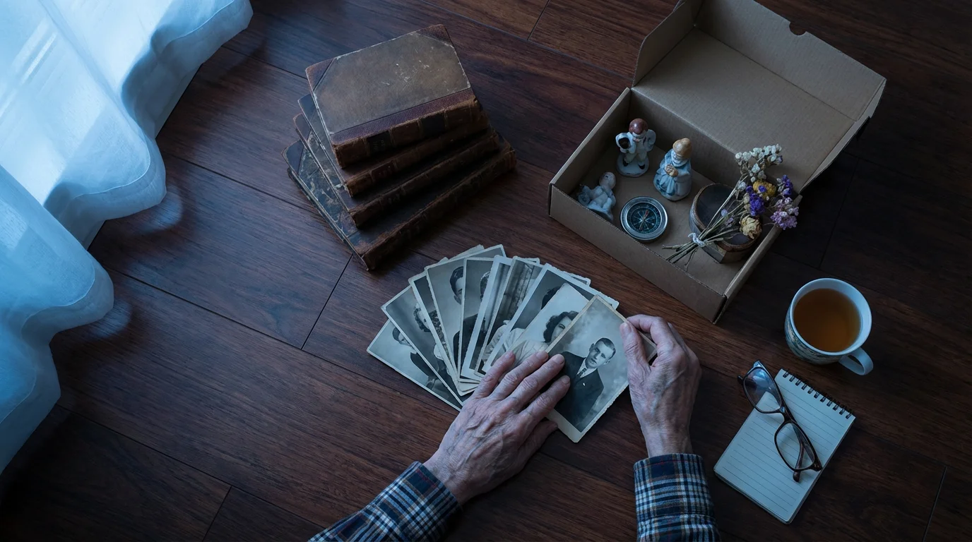 High angle view of a senior's hands decluttering personal items on a wooden floor.