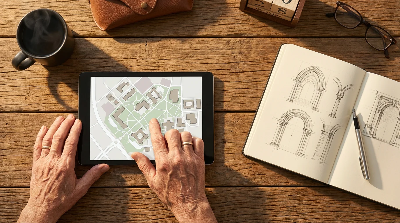 High angle view of a senior's hands using a tablet to explore a university.