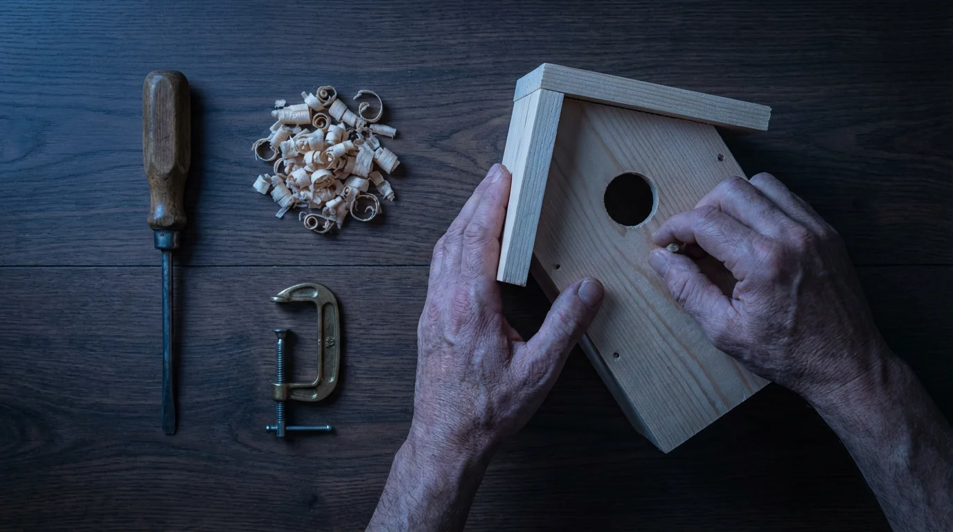 High angle view of mature hands building a wooden birdhouse on a workbench.
