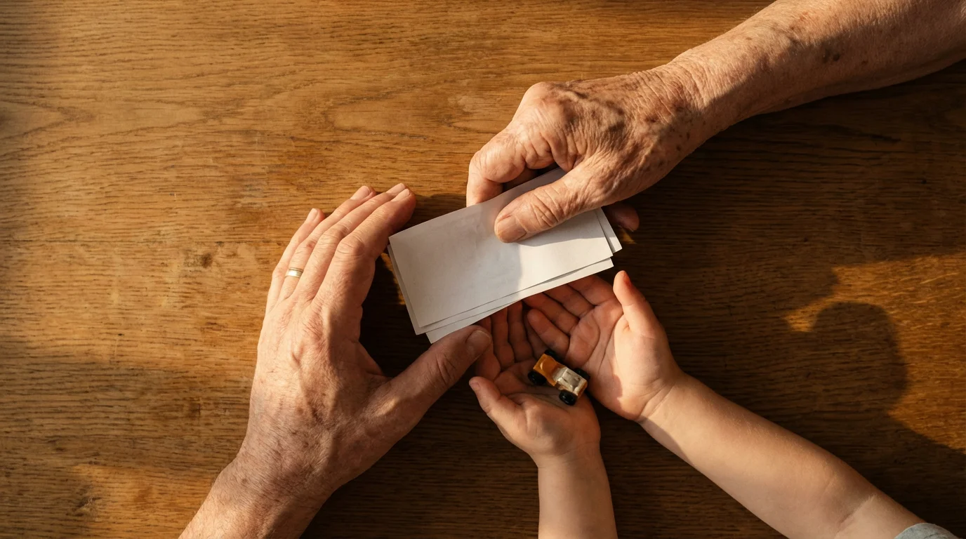 High-angle view of three hands from different generations exchanging blank paper money on a table.