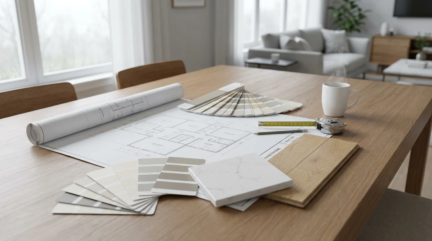 Home renovation planning with blueprints, material samples, and a measuring tape on a table.