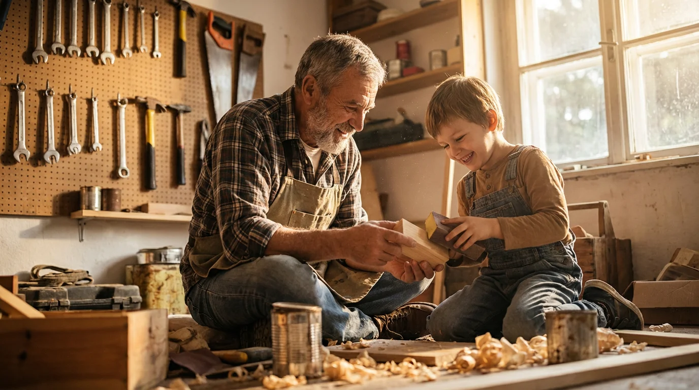 Low angle photo of a grandfather teaching his young grandson woodworking in a sunlit workshop.